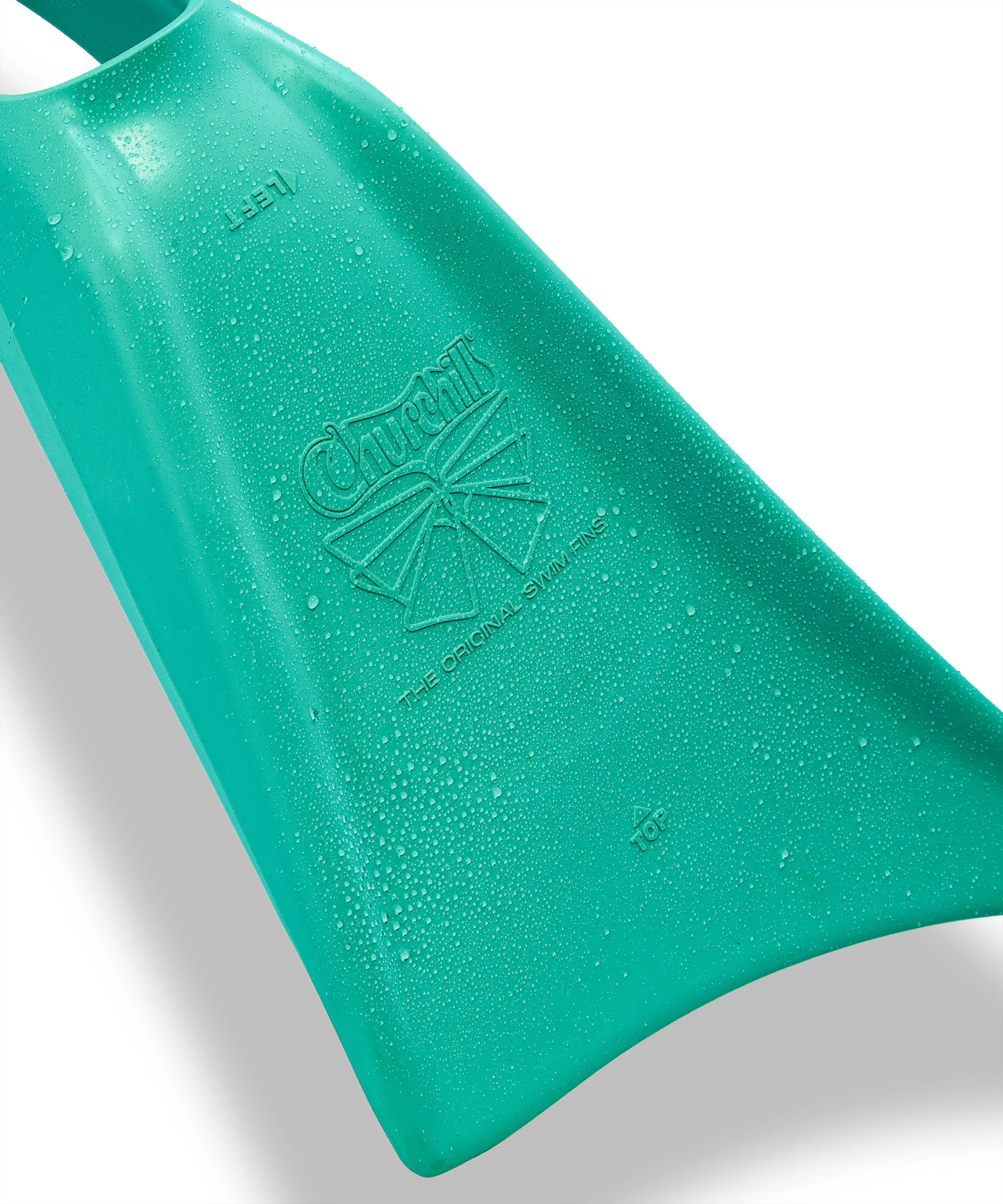 Teal Churchill swim fin with water droplets, embossed logo, and 'The Original Swim Fins' text