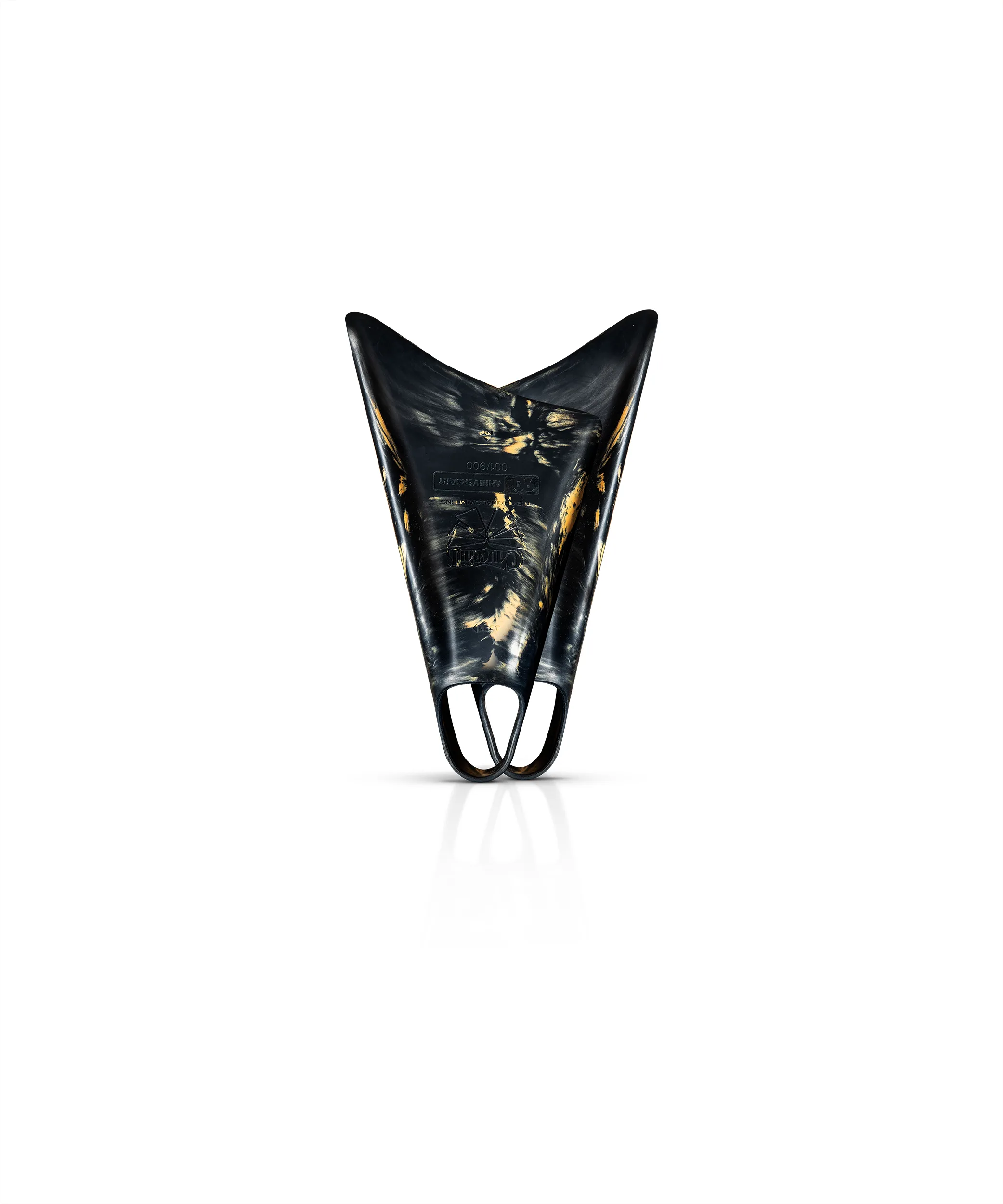 Black and gold swimfins with marbled design, durable performance fins for swimming
