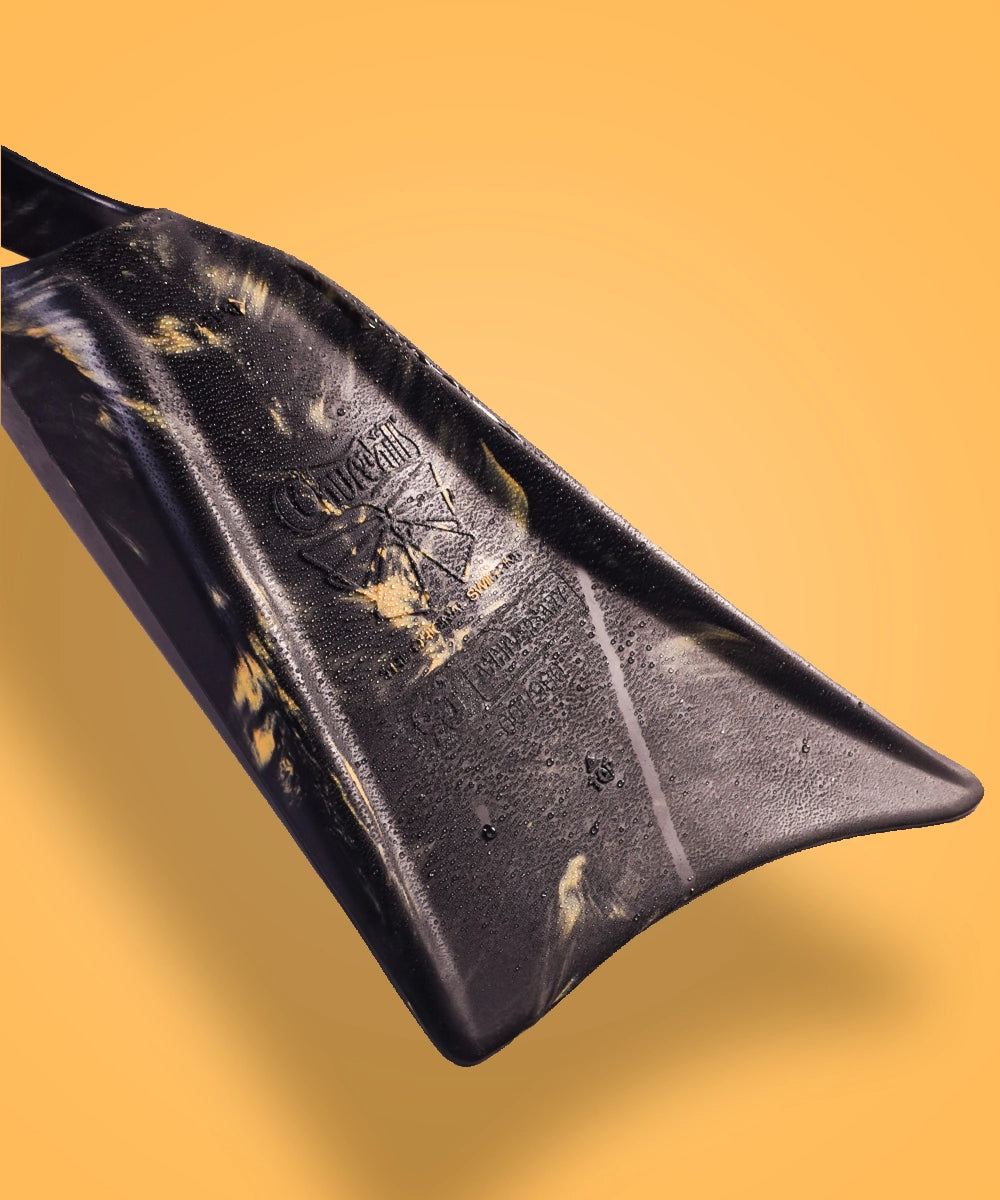 Black swimfin with textured grip and embossed logo, ideal for durable underwater performance