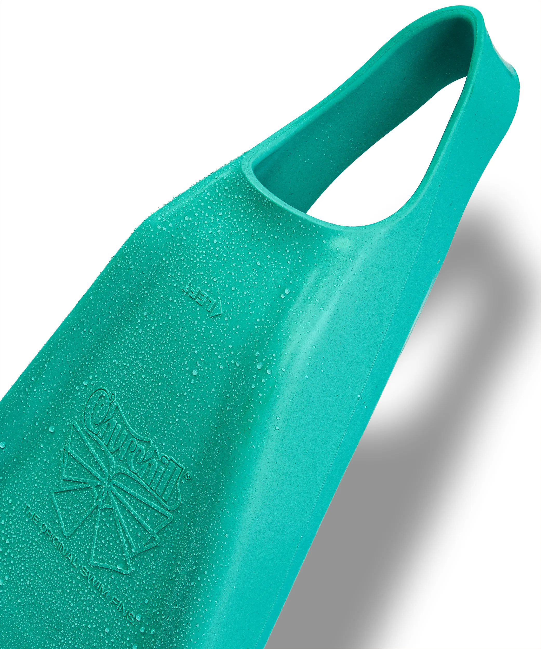 Teal Churchill swim fin with water droplets, showing brand logo and 'The Original Swim Fins' text