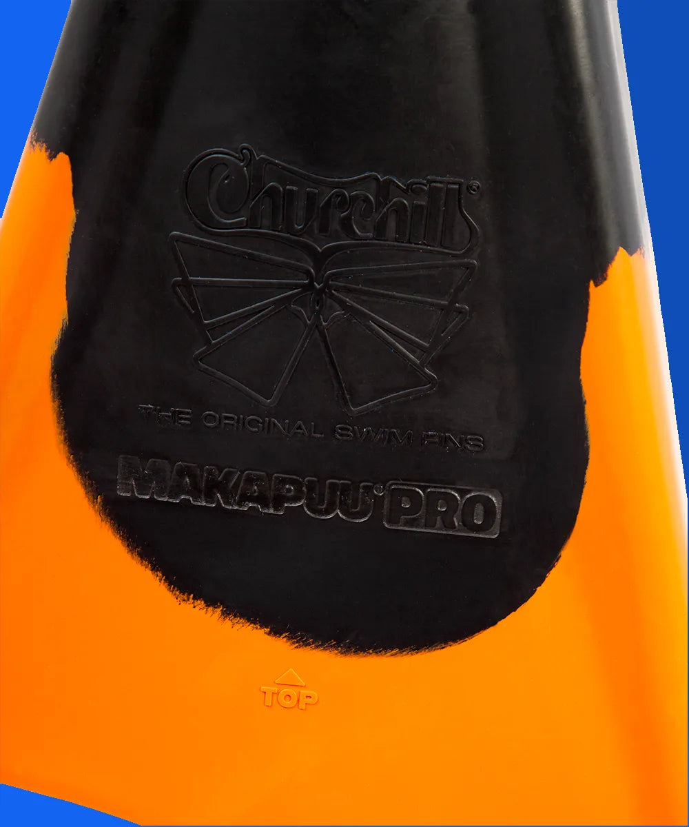 Churchill Makapuu Pro swimfin with black and orange design, embossed logo and 'TOP' indicator
