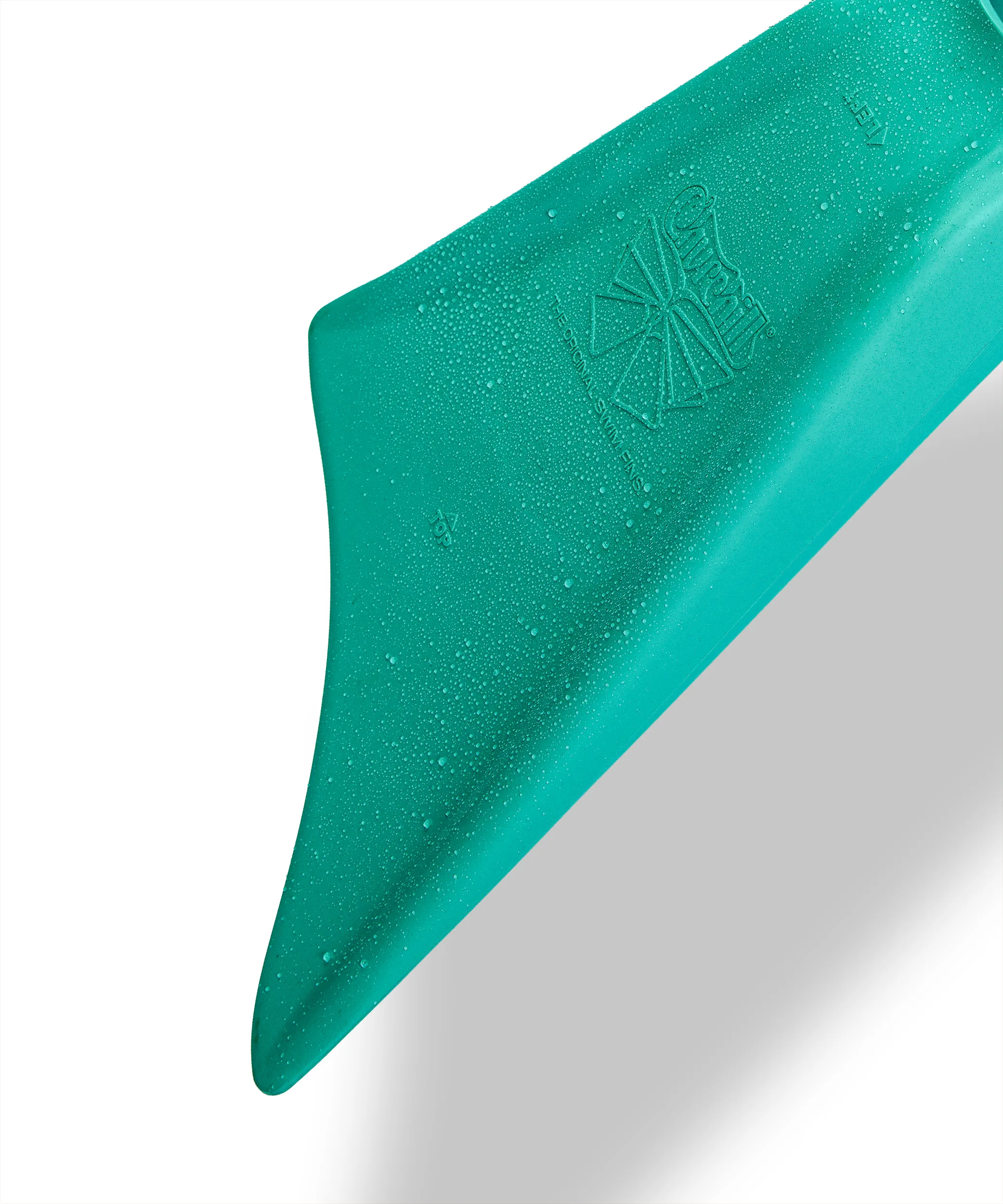 Teal swim fin with water droplets, featuring embossed logo and 'The Original Swim Fins' text