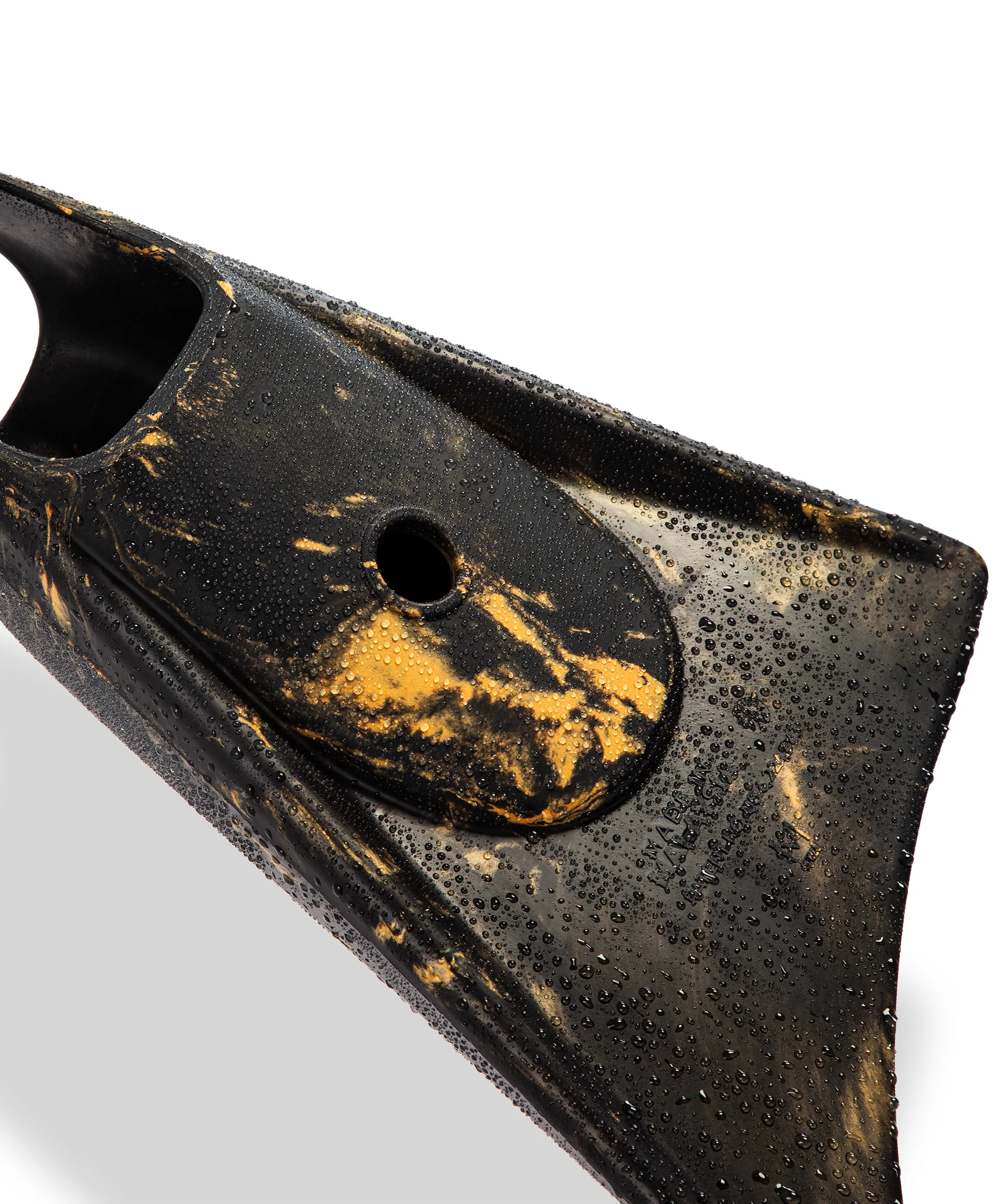Black and gold swimfin with water droplets, showcasing durable design for swimming and diving