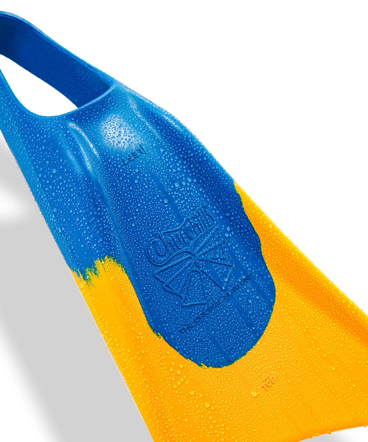 Blue and yellow swimfin with water droplets, featuring embossed brand logo and textured surface for grip.