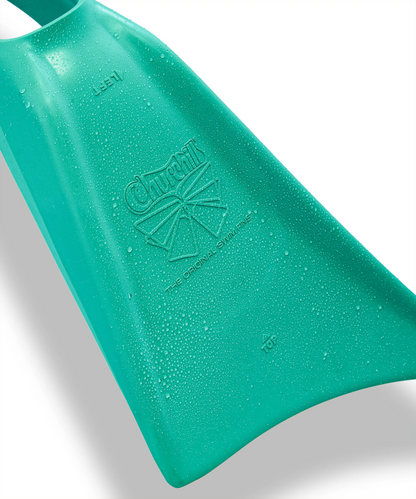 Teal Churchill swimfin with water droplets, embossed logo, and 'The Original Swim Fins' text