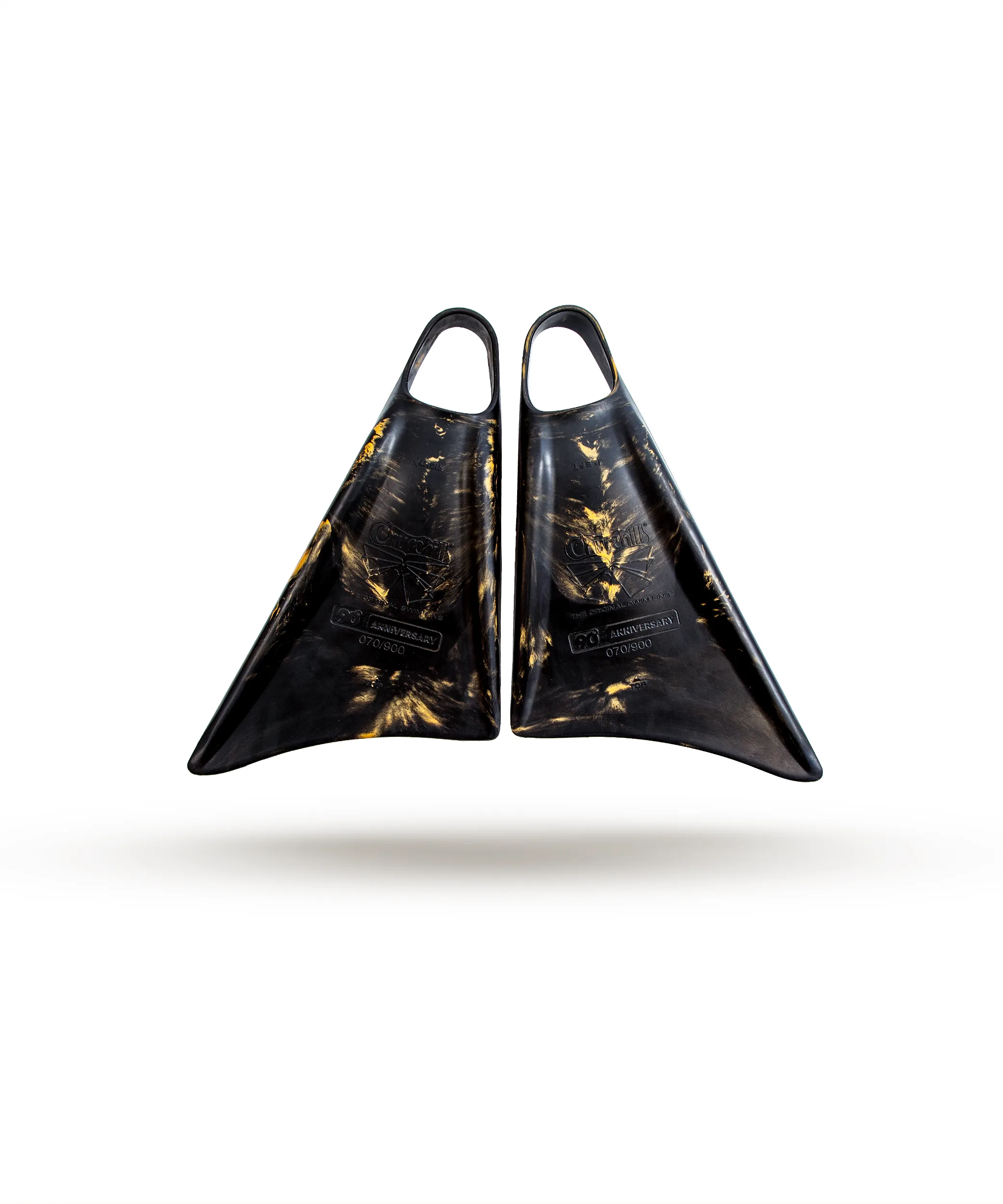 Black and gold Churchill 90th anniversary swimfins, durable performance fins for swimming and diving