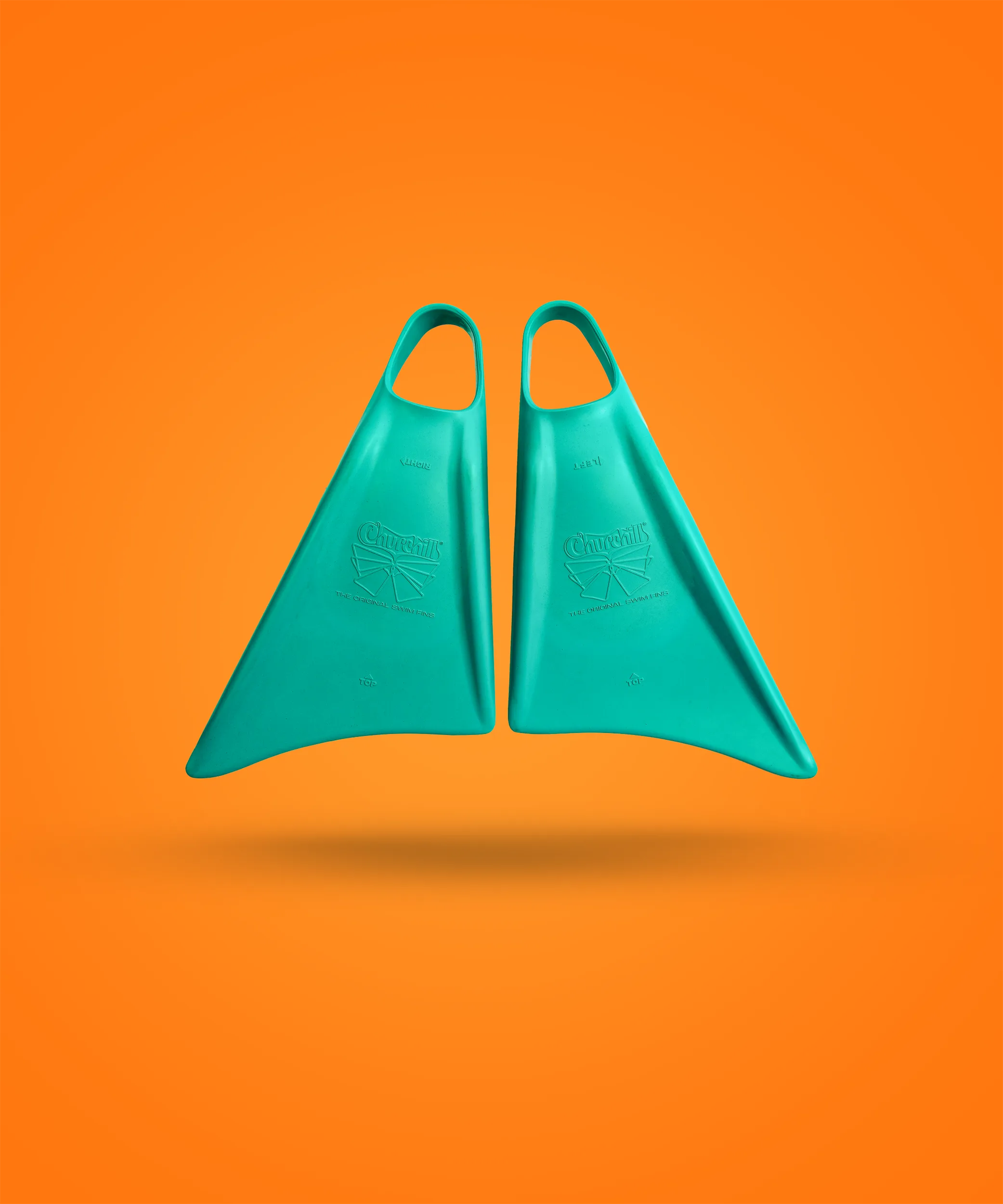 Teal Churchill swimfins on orange background, original design for swimming training