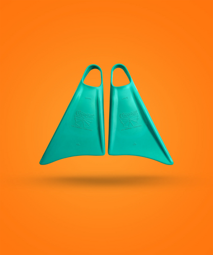 Teal Churchill swim fins on orange background, original design for swimming training