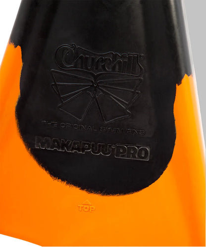 Orange and black Churchill Makapuu Pro swim fin with embossed logo and top indicator