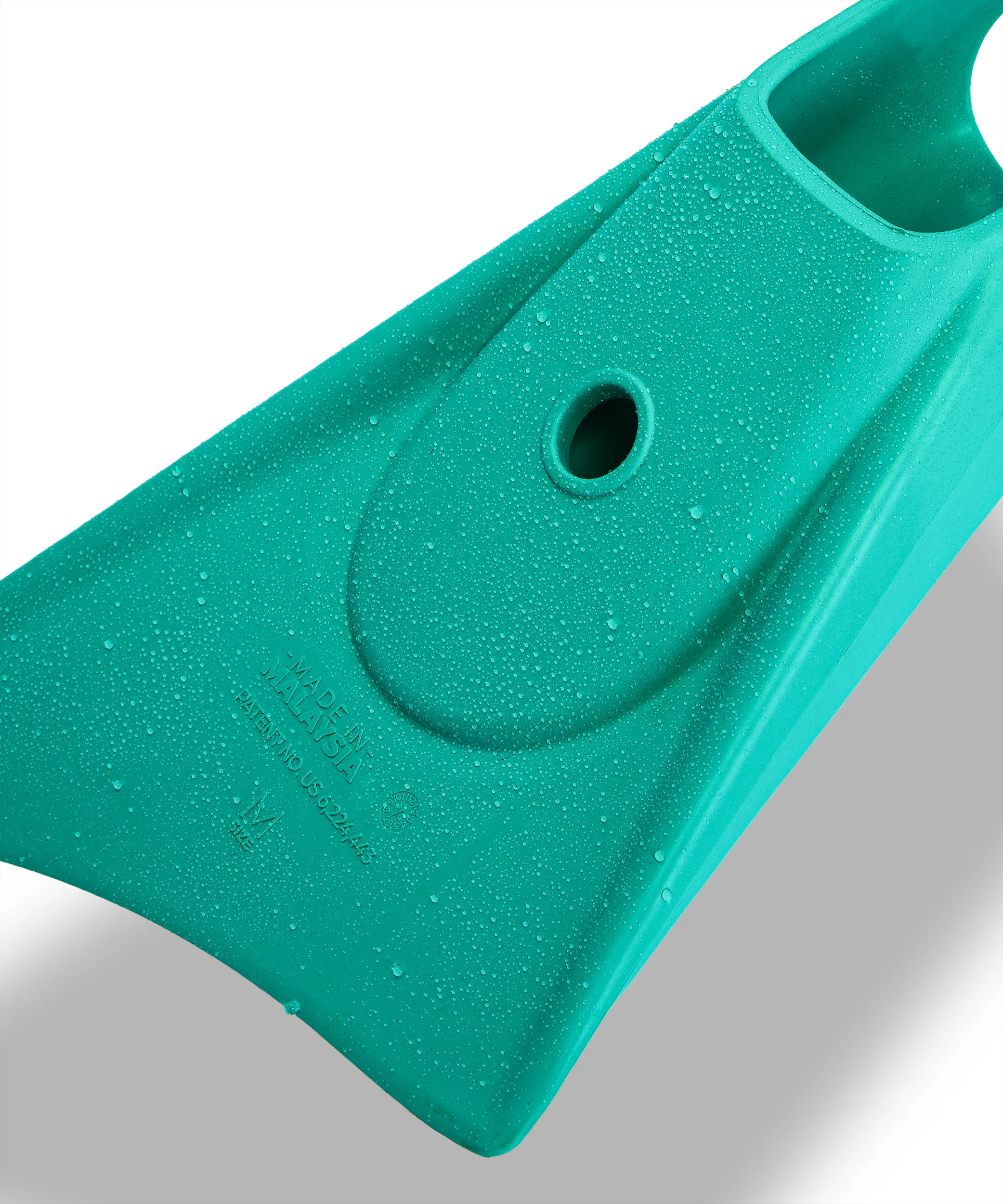 Teal swimfin with water droplets, showing size M and Malaysia manufacturing details