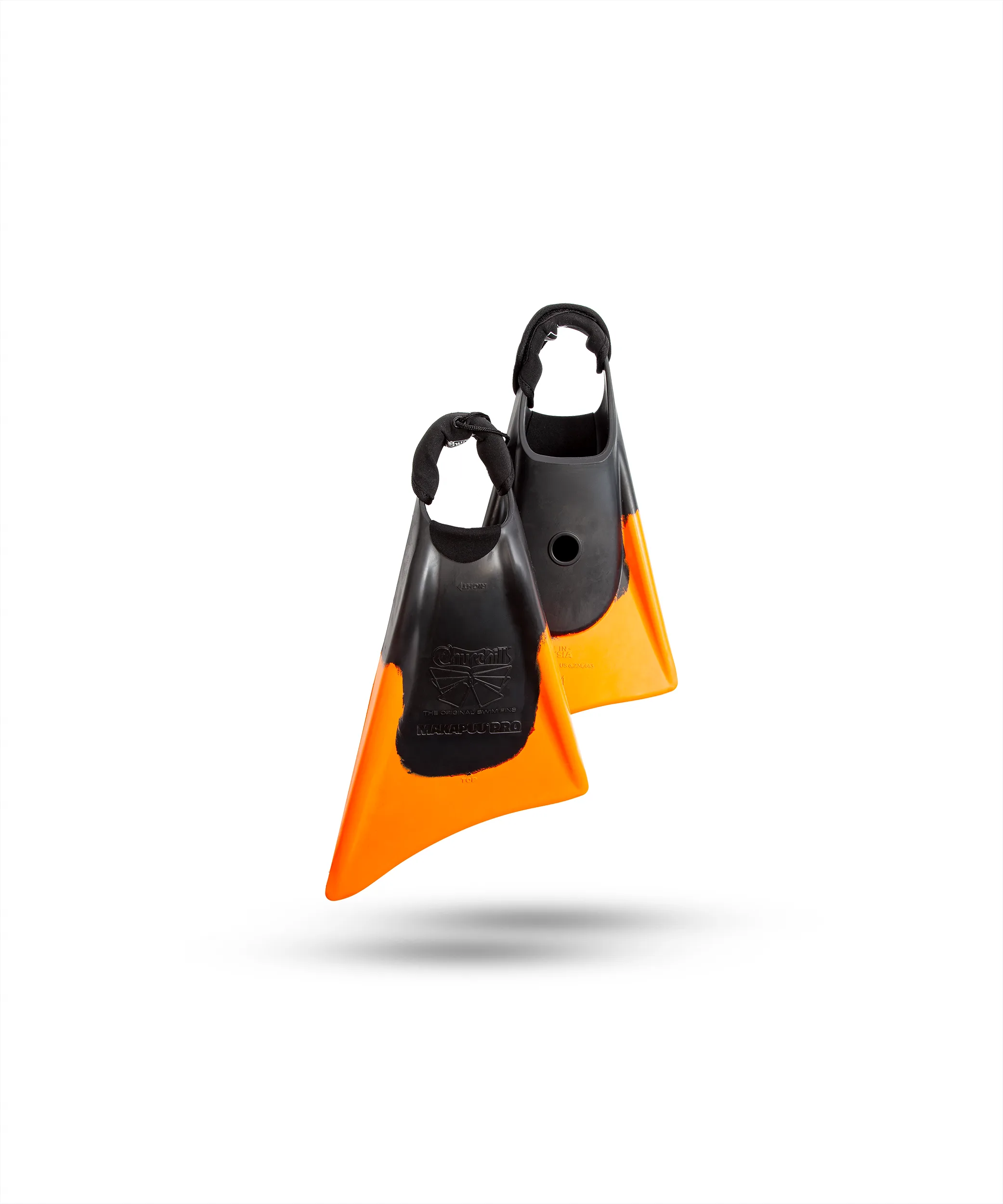 Black and orange Churchill Makapuu Pro swimfins, durable training fins for swimming and diving