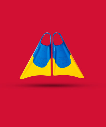 Blue and yellow swimfins against red background, showcasing durable design for swimming
