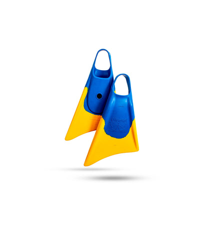 Blue and yellow swimfins with Churchill logo, durable design for swimming training